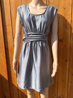 H&M Pewter Silver Satin Dress with Ruched Waist Ribbon - Size 6